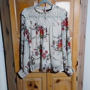 Indigo Poppy Floral And Lace Women's Blouse Sz XL